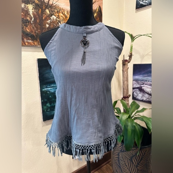 EUC YELO BOHEMIAN TOP W FRINGE AND EMBELLISHMENT SILVER CHARM GRAY COLOR - Picture 1 of 9